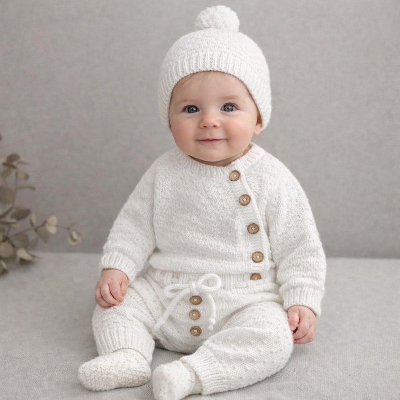 Hand-Knitted White Baby Set – Organic Cotton Outfit - Ręcznie Dziany Biały Komplet Niemowlęcy z Bawełny Organicznej